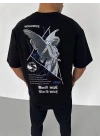 Bisiklet Yaka Baskılı Oversize T-Shirt - Siyah -