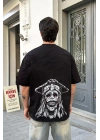 Bisiklet Yaka Baskılı Oversize T-Shirt - Siyah -