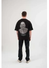 Bisiklet Yaka Baskılı Oversize T-Shirt - Siyah -