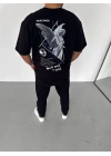 Bisiklet Yaka Baskılı Oversize T-Shirt - Siyah -