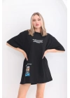 Bisiklet Yaka Baskılı Oversize T-Shirt - Siyah -