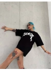 Bisiklet Yaka Baskılı Oversize T-Shirt - Siyah -