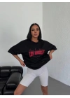 Bisiklet Yaka Baskılı Oversize T-Shirt - Siyah -