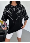 Bisiklet Yaka Baskılı Oversize T-Shirt - Siyah -