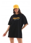 Bisiklet Yaka Baskılı Oversize T-Shirt - Siyah -