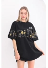 Bisiklet Yaka Baskılı Oversize T-Shirt - Siyah -