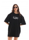 Bisiklet Yaka Baskılı Oversize T-Shirt - Siyah -