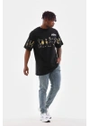 Bisiklet Yaka Baskılı Oversize T-Shirt - Siyah -
