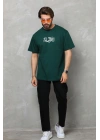 Bisiklet Yaka Baskılı Oversize T-Shirt - Yeşil -
