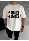 Bisiklet Yaka Katlanan Baskılı T-Shirt - Beyaz -