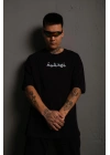 Bisiklet Yakalı Sırt Baskılı Oversize T-Shirt - Siyah -