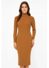 Boğazlı Triko Elbise - Kahverengi -