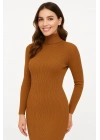 Boğazlı Triko Elbise - Kahverengi -
