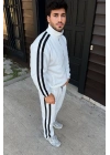 Çift Şeritli Eşofman Takım Dik Yaka Fermuarlı Sweatshirt Boru Paça Alt, Oversize 3 iplik Pamuklu - Beyaz