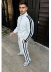 Çift Şeritli Eşofman Takım Dik Yaka Fermuarlı Sweatshirt Boru Paça Alt, Oversize 3 iplik Pamuklu - Beyaz