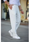 Cizgili Dokuma Krep Jogger Buggy Pantalon Rahat kalıp - Beyaz
