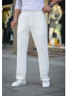 Cizgili Dokuma Krep Jogger Buggy Pantalon Rahat kalıp - Beyaz