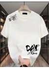 Day One Baskılı Oversize Bisiklet Yaka T-shirt - Beyaz -