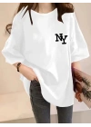Eğlenceli Harf NY Baskılı Bisiklet Yaka Tişört- Beyaz -