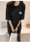 Eğlenceli Harf NY Baskılı Bisiklet Yaka Tişört - Siyah -