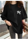 Eğlenceli Harf NY Baskılı Bisiklet Yaka Tişört - Siyah -