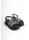 ELENA Lastikli Taşlı Şeritli Ortopedik Taban Kadın Sandalet CST - Siyah