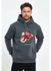 Erkek Kapüşonlu Üç İplik Pamuklu Baskılı Sweatshirt - Füme