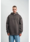 Erkek Nakış İşlemeli Kapşonlu Antrasit Sweatshirt Üç İplik Double Oversize- Füme