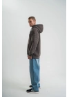 Erkek Nakış İşlemeli Kapşonlu Antrasit Sweatshirt Üç İplik Double Oversize- Füme
