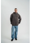 Erkek Nakış İşlemeli Kapşonlu Antrasit Sweatshirt Üç İplik Double Oversize- Füme