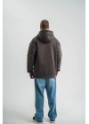 Erkek Nakış İşlemeli Kapşonlu Antrasit Sweatshirt Üç İplik Double Oversize- Füme