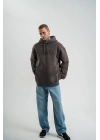 Erkek Nakış İşlemeli Kapşonlu Antrasit Sweatshirt Üç İplik Double Oversize- Füme
