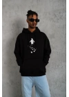 Erkek Nihilist Penguen Temalı Oversize Kapüşonlu Sweatshirt - Siyah
