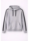 Erkek Şeritli Kapüşonlu Sweatshirt Oversize 3 iplik Pamuklu - Gri