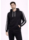 Erkek Şeritli Kapüşonlu Sweatshirt Oversize 3 iplik Pamuklu - Siyah