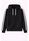 Erkek Şeritli Kapüşonlu Sweatshirt Oversize 3 iplik Pamuklu - Siyah