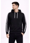 Erkek Şeritli Kapüşonlu Sweatshirt Oversize 3 iplik Pamuklu - Siyah