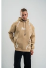 Erkek Şimşek Baskılı Kapşonlu Sweatshirt Üç İplik Pamuklu Kanguru Cepli Double - Bej