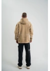 Erkek Şimşek Baskılı Kapşonlu Sweatshirt Üç İplik Pamuklu Kanguru Cepli Double - Bej