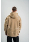 Erkek Şimşek Baskılı Kapşonlu Sweatshirt Üç İplik Pamuklu Kanguru Cepli Double - Bej