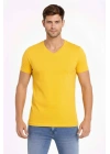 Erkek V Yaka Slim Fit dar kesim Likralı Tişört - Limon