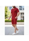 Erkek Waffle Kısa Kollu Gömlek Şort Takım Regular Fit İkili Set - Bordo