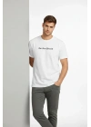 Erkek Wafıl Kumaş Tişört Regular Kalıp Bisiklet Yaka Baskılı Günlük Basic T-Shirt - Beyaz