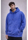 Erkek Yağ Yıkamalı Kapşonlu Double Oversize Üç İplik Pamuklu Sweatshirt - Mavi