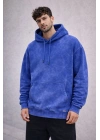 Erkek Yağ Yıkamalı Kapşonlu Double Oversize Üç İplik Pamuklu Sweatshirt - Mavi