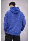Erkek Yağ Yıkamalı Kapşonlu Double Oversize Üç İplik Pamuklu Sweatshirt - Mavi