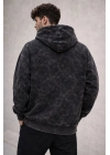 Erkek Yağ Yıkamalı Kapşonlu Double Oversize Üç İplik Pamuklu Sweatshirt - Siyah
