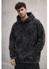 Erkek Yağ Yıkamalı Kapşonlu Double Oversize Üç İplik Pamuklu Sweatshirt - Siyah