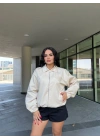 Fermuarlı Gömlek Yaka Bomber Ceket - Beyaz -