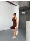 Fırfır Detaylı Triko Elbise- Kahverengi -